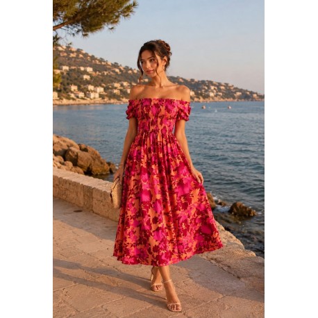 Robe midi smockée à imprimé floral 7853